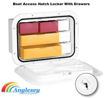 boat access hatch locker with drawers
